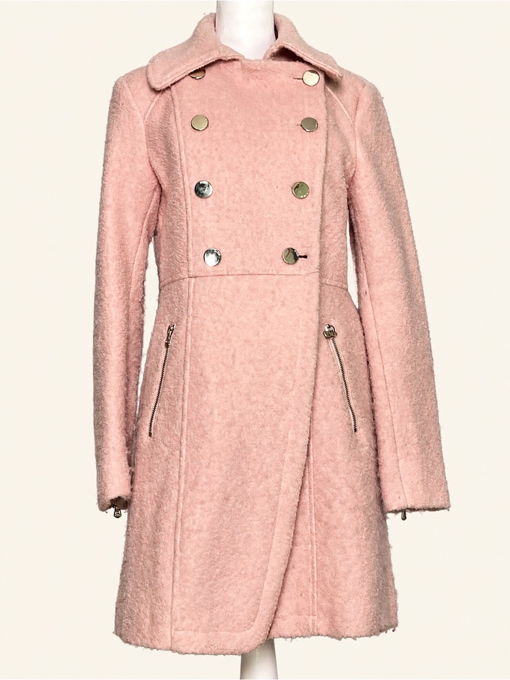GUESS | Powder Baby Pink Wool Blend | Fit & Flare Double Breasted Coat |Small